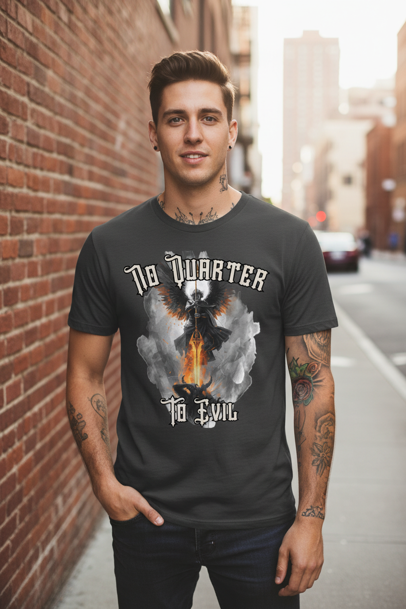 No Quarter to Evil Christian T-Shirt | Archangel Faith & Spiritual Warfare Tee